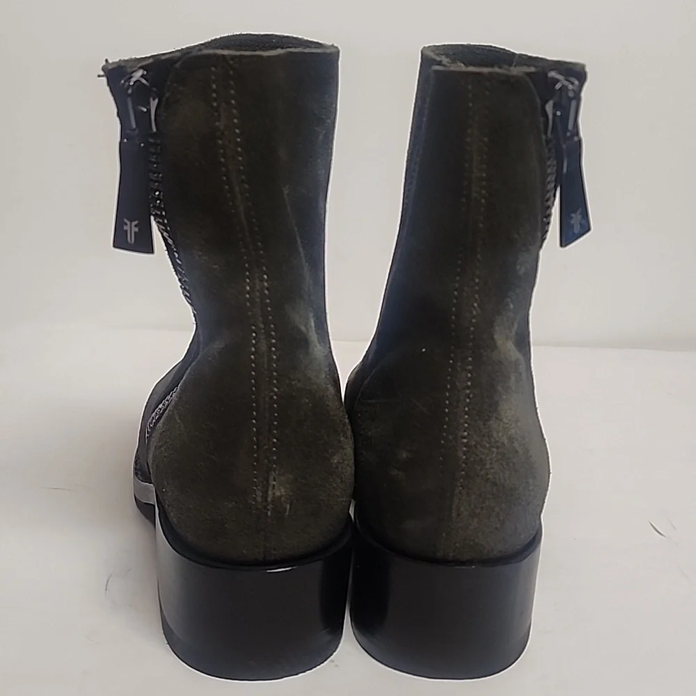 Frye Distressed Gorgeous Olive Suede Side Zip Ankle Quality Bootie Boots Size 8B - Picture 8 of 15